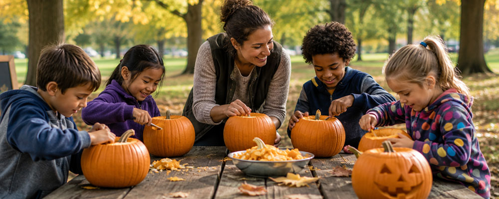 children with autism carving pupkins